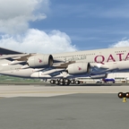 Qatar A380 rolling out while main gear still on ground