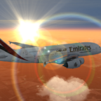 Emirates A380 flying past the sunrise